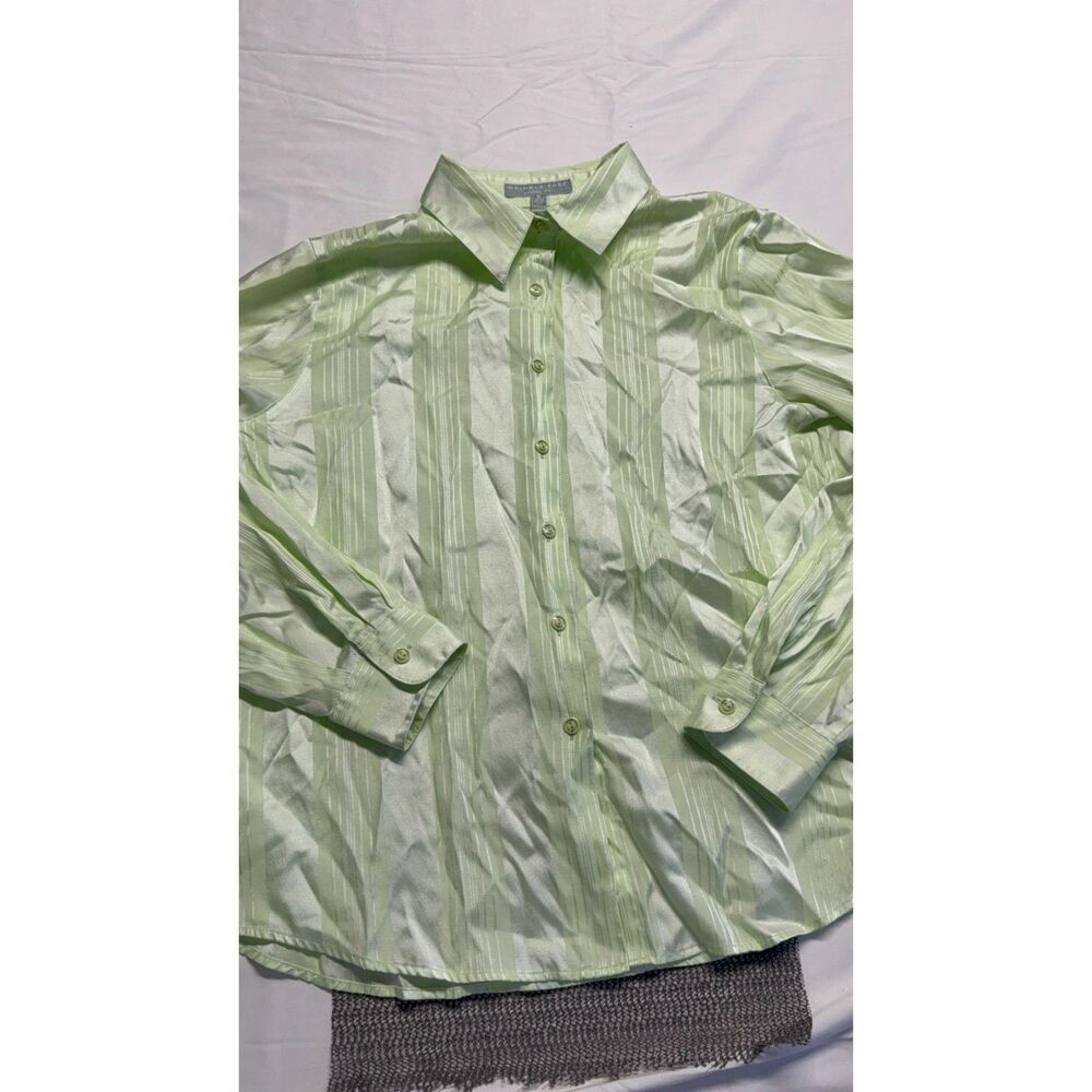 Foxcroft Button Up Shirt Womens 12 Green Satin Stripe Wrinkle Free